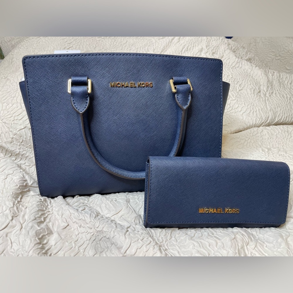 Navy Leather Michael Kors Med TZ Satchel + matching Jet Set Wallet